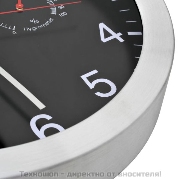 Стенен часовник с кварц, хигрометър и термометър, 30 см, черен