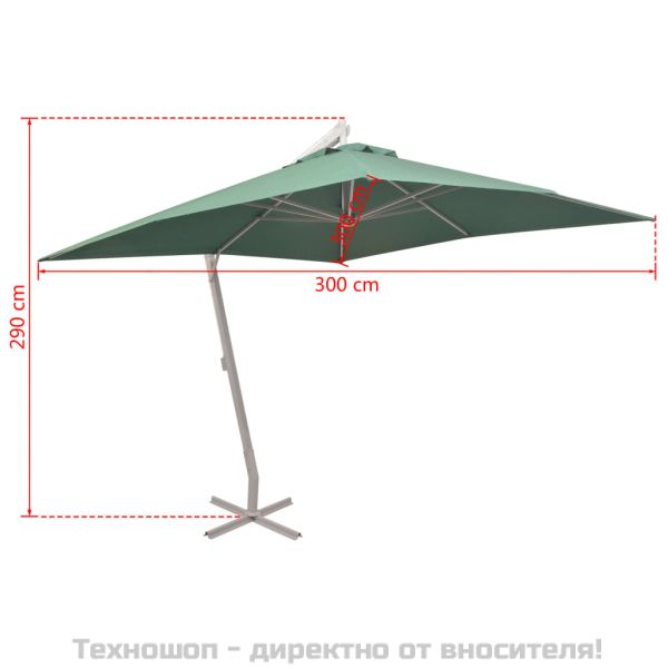 Окачен чадър, 300x300 см, зелен, алуминиев прът