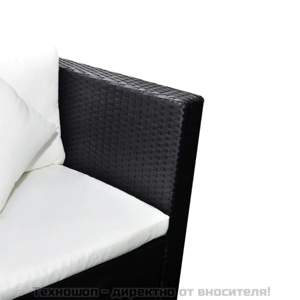 Градински комплект с възглавници, 4 части, черен полиратан