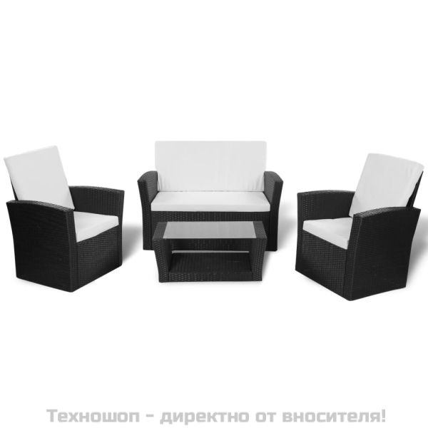 Градински комплект с възглавници, 4 части, черен полиратан