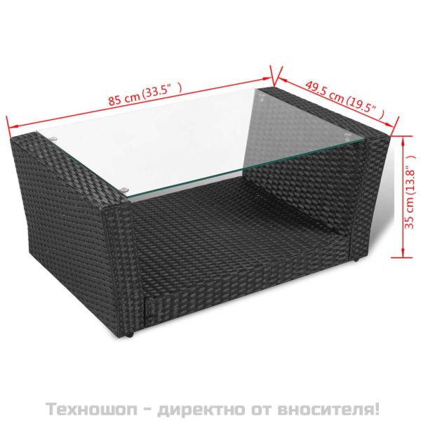 Градински комплект с възглавници, 4 части, черен полиратан