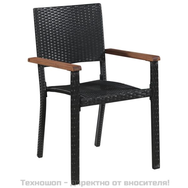 Градински трапезен комплект, 7 части, черен полиратан и акация