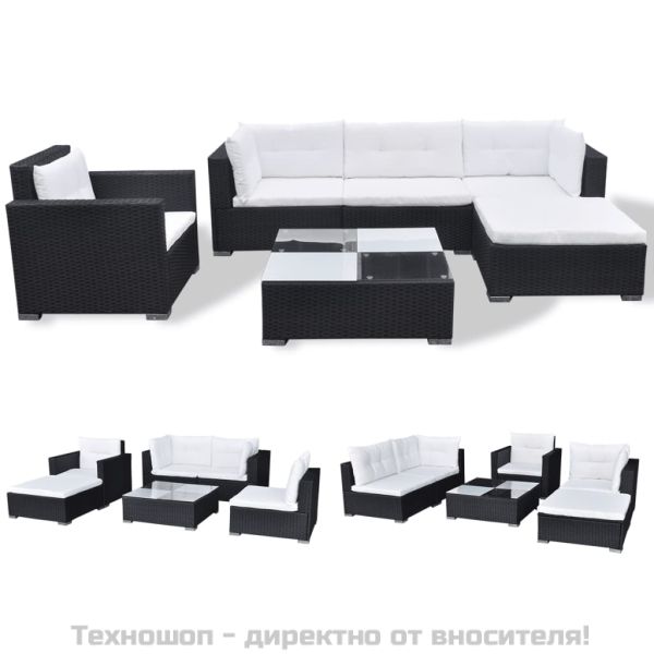 Градински комплект с възглавници, 6 части, черен полиратан