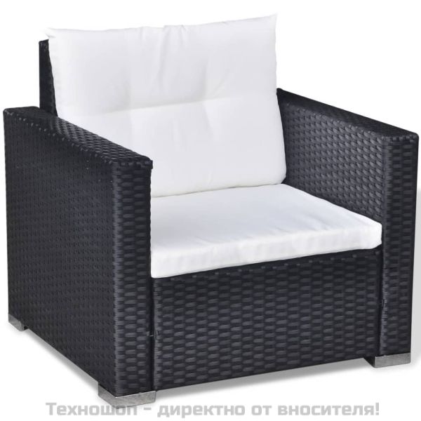 Градински комплект с възглавници, 6 части, черен полиратан