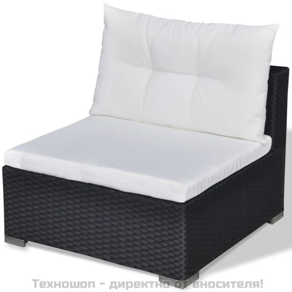 Градински комплект с възглавници, 6 части, черен полиратан