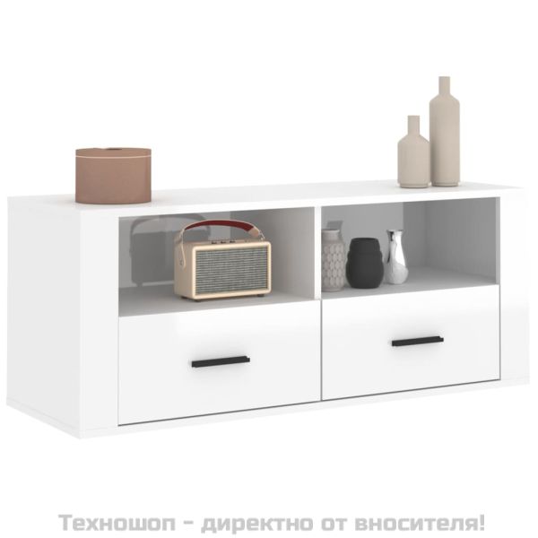 ТВ шкаф бял гланц 100x35x40 см инженерно дърво