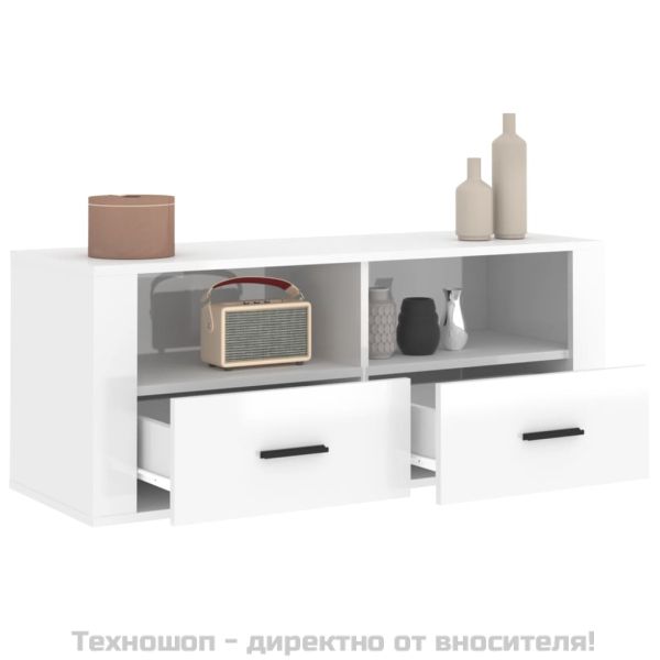 ТВ шкаф бял гланц 100x35x40 см инженерно дърво