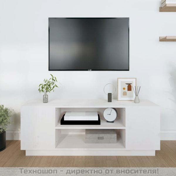 ТВ шкаф, бял, 110x35x40,5 см, бор масив