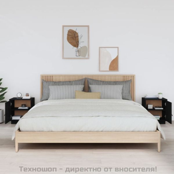 Нощни шкафчета, 2 бр, черни, 40x34x45 см, борово дърво масив