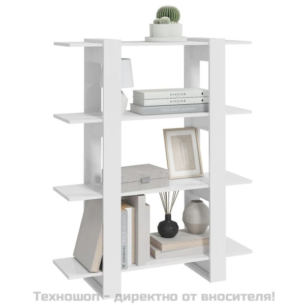 Библиотека/разделител за стая, бял гланц, 100x30x123,5 см