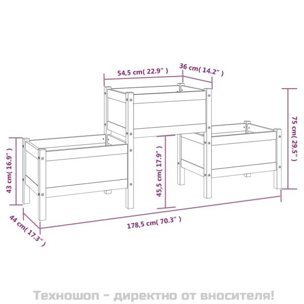 Плантер, бял, 178,5x44x75 см, борово дърво масив