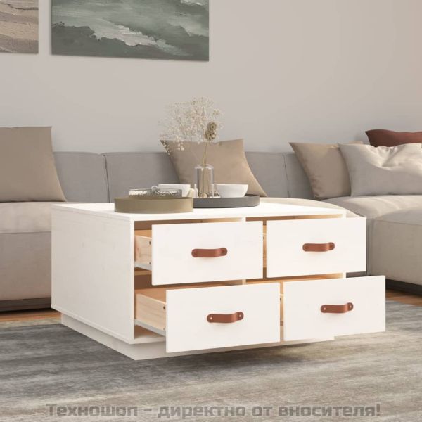 Кафе маса, бяла, 80x80x45 см, борово дърво масив