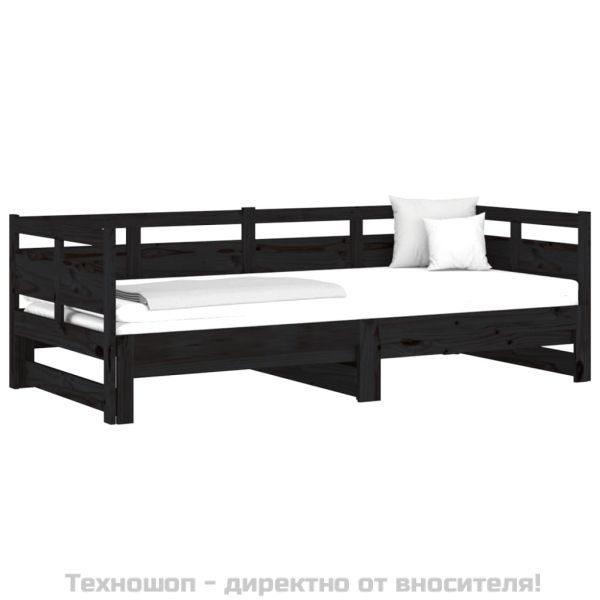 Разтегателна кушетка, черна, борово дърво масив, 2x(90x190) см