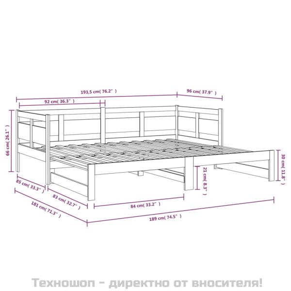 Разтегателна кушетка, черна, борово дърво масив, 2x(90x190) см