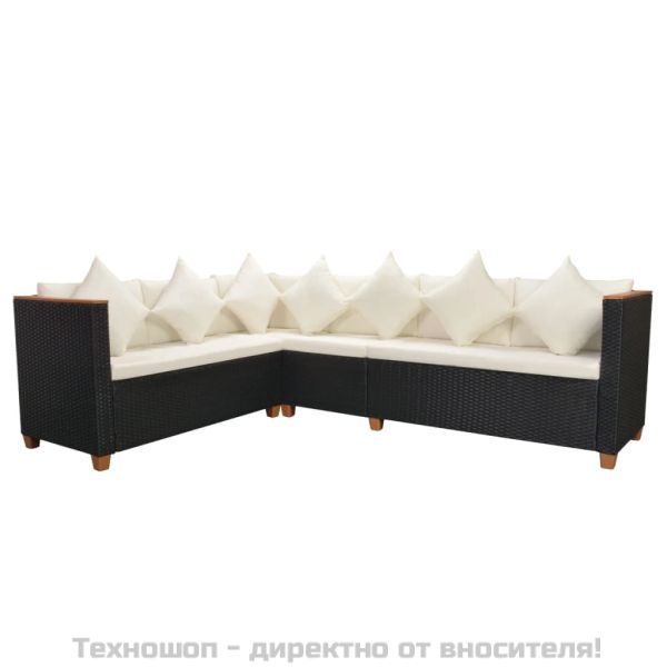 Градински комплект с възглавници, 4 части, черен полиратан