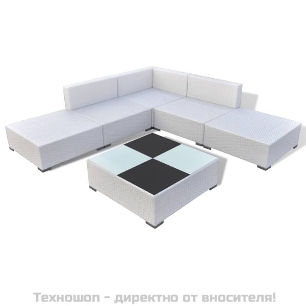 Градински комплект с възглавници, 6 части, бял полиратан