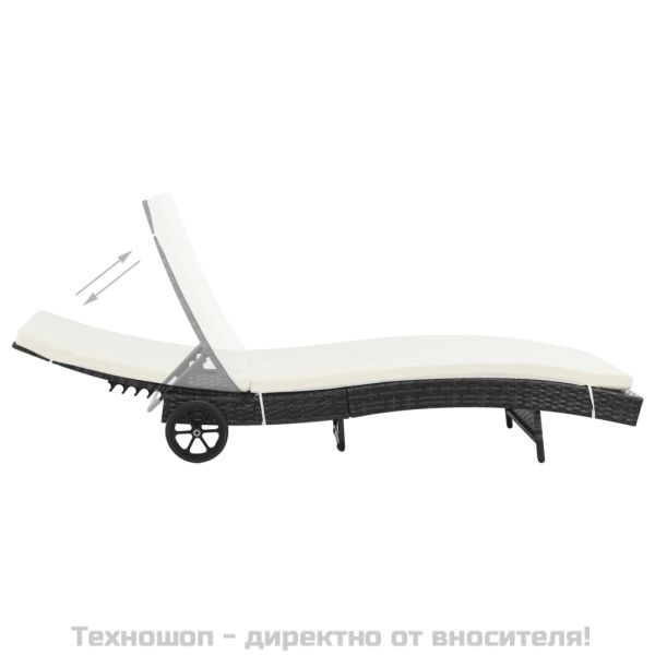 Шезлонг с колелца и шалте, черен полиратан