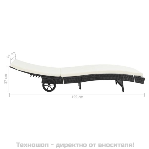 Шезлонг с колелца и шалте, черен полиратан