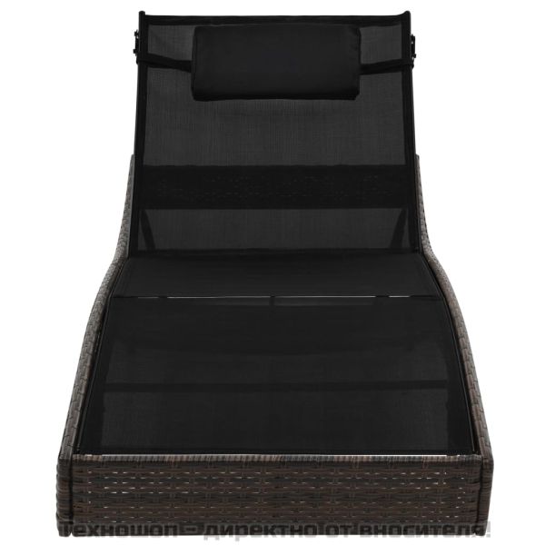 Шезлонг с възглавница, кафяв полиратан