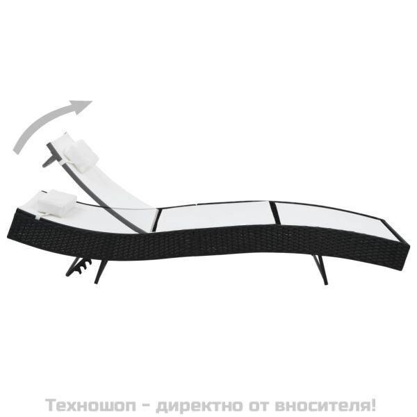 Шезлонг с възглавница, полиратан, черен