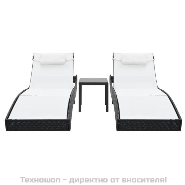 Шезлонги, 2 бр, с масичка, полиратан и Textilene, черни