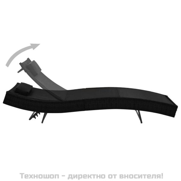 Шезлонг с възглавница, полиратан, черен