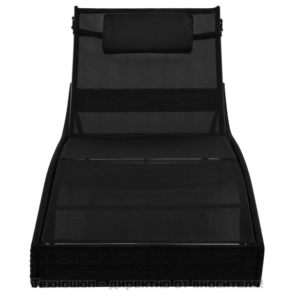 Шезлонг с възглавница, полиратан, черен