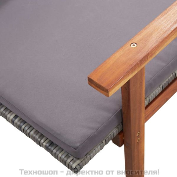 Шезлонг с възглавница, полиратан и акация масив, сив