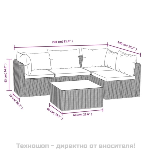 Градински комплект с възглавници, 5 части, полиратан, черен
