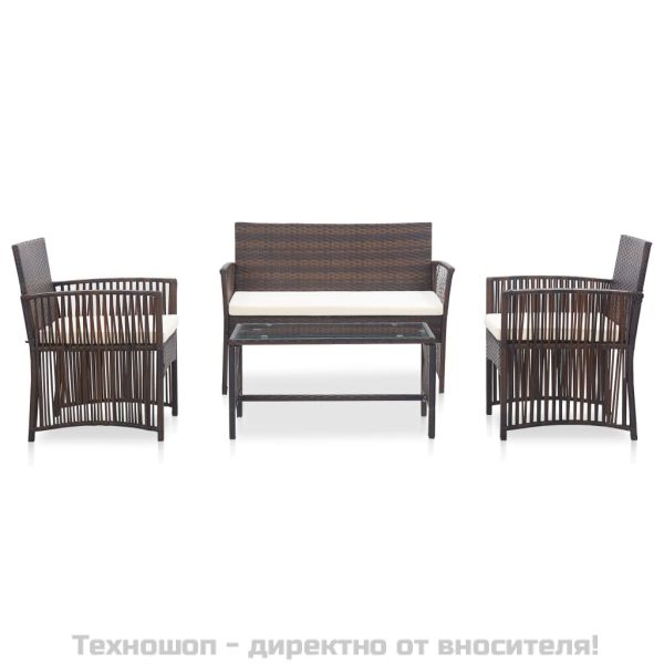 Градински комплект с възглавница, 4 части, кафяв полиратан