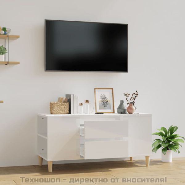 ТВ шкаф, бял гланц, 102x44,5x50 см, инженерно дърво