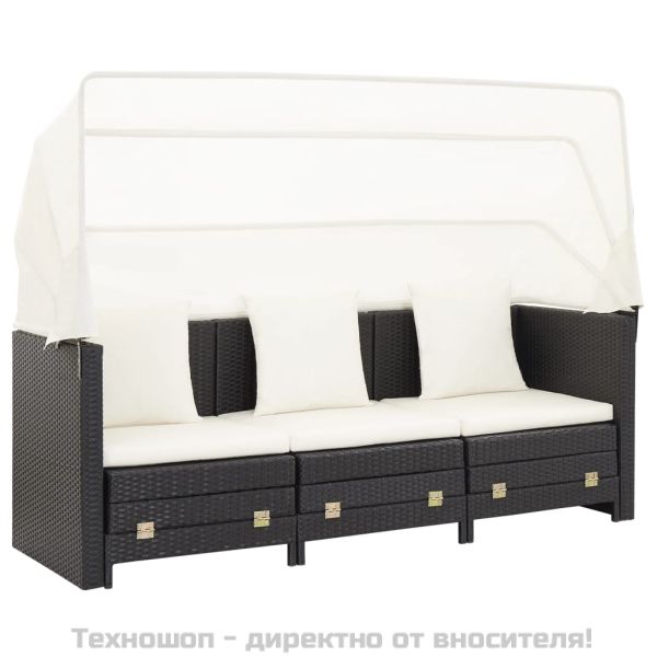 Разтегателен 3-местен диван с навес, полиратан, черен