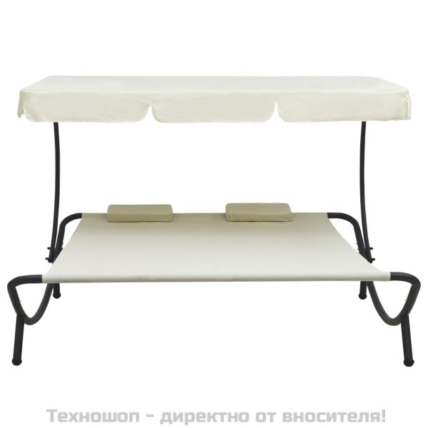 Лаундж легло за открито с навес и възглавници, кремавобяло