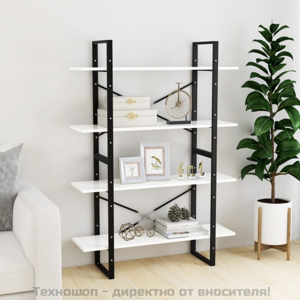 4-етажна библиотека, бял, 100x30x140 см, инженерно дърво