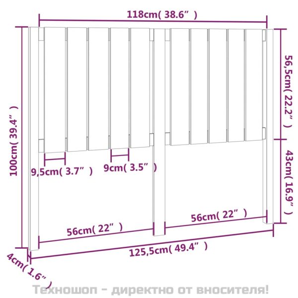 Горна табла за легло, черна, 125,5x4x100 см, бор масив