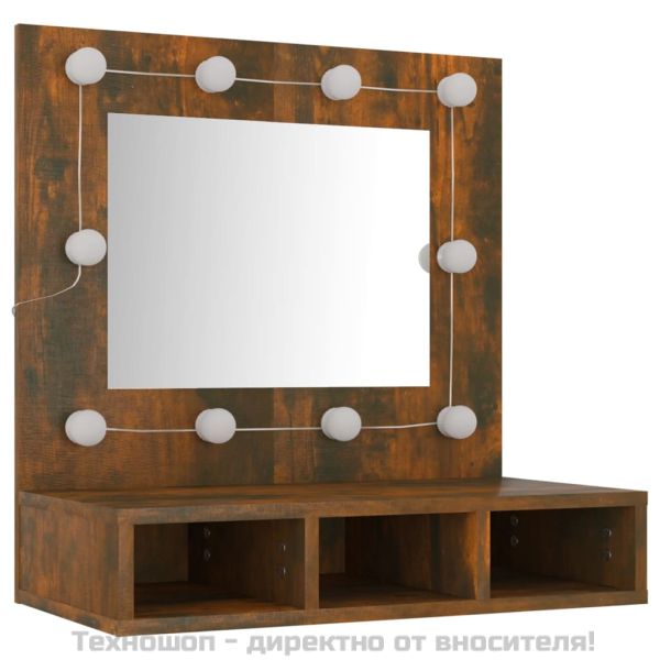 Огледален шкаф с LED, опушен дъб, 60x31,5x62 см