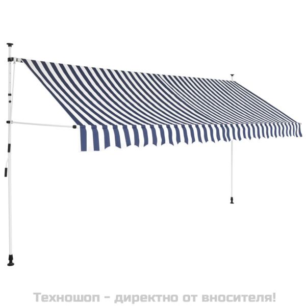 Ръчно прибиращ се сенник, 400 см, синьо-бели ивици