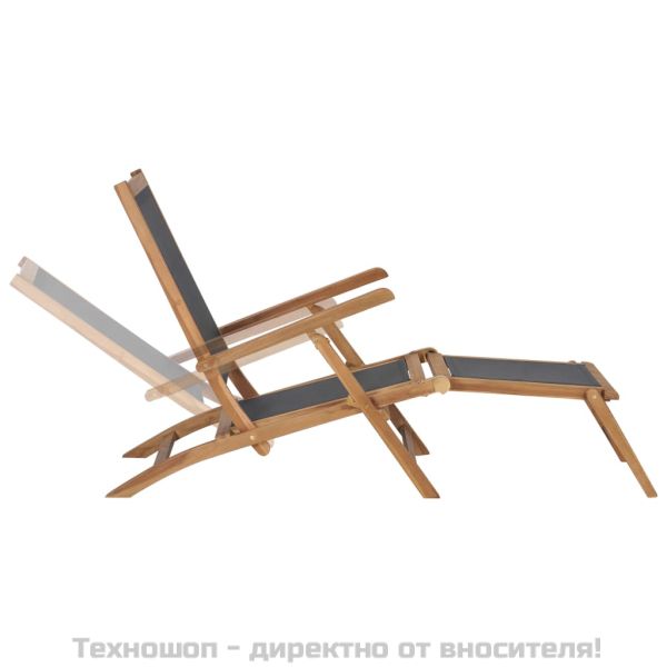 Градински шезлонг с поставка за крака тиково дърво масив черен