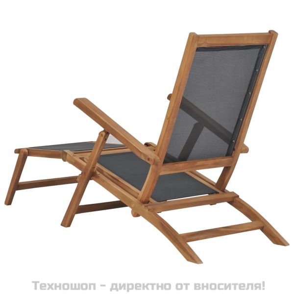 Градински шезлонг с поставка за крака тиково дърво масив черен