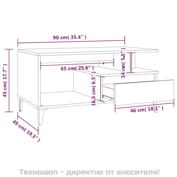 Кафе маса, опушен дъб, 90x49x45 см, инженерно дърво
