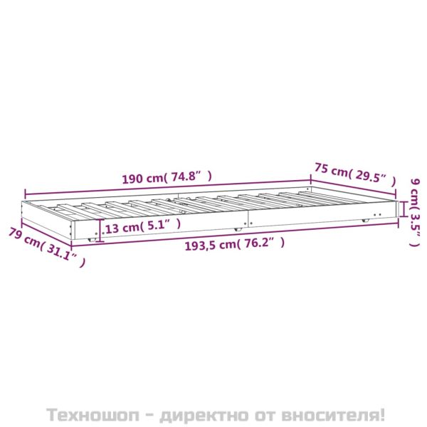 Рамка за легло без матрак, бял, 75x190 см, борово дърво масив