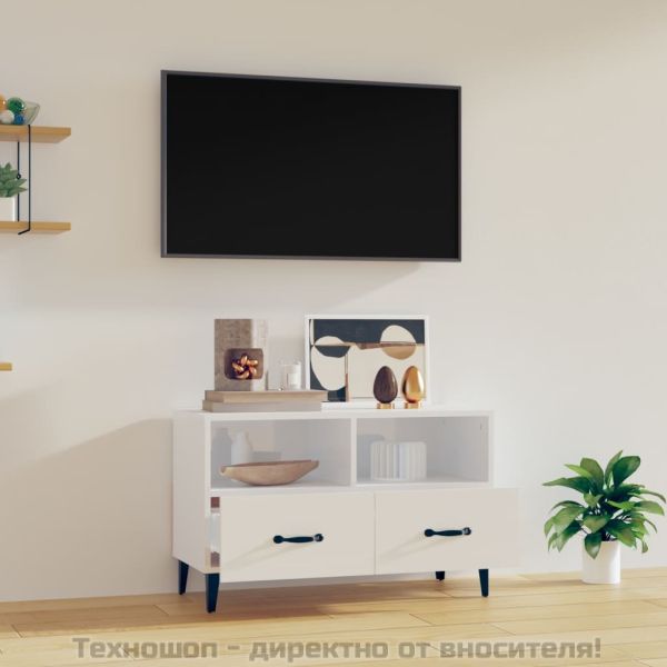 ТВ шкаф, бял гланц, 80x36x50 см, инженерно дърво