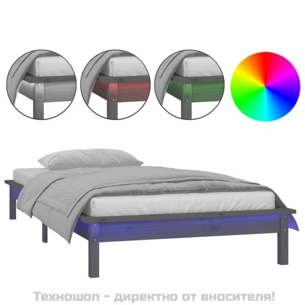 Рамка за легло с LED осветление сива 90x200 см масивно дърво