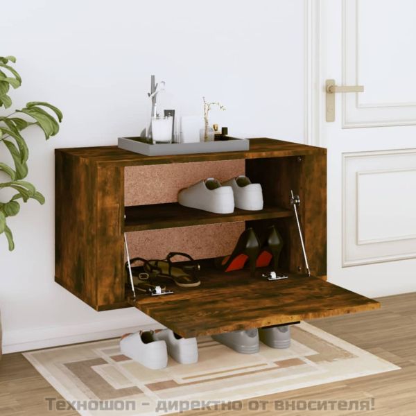 Стенен шкаф за обувки, опушен дъб, 70x35x38 см, бор масив