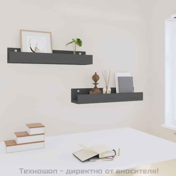 Стенни рафтове 2 бр сиви 50x12x9 см масивно борово дърво