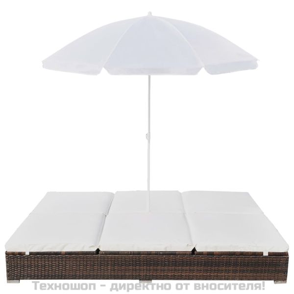 Градинско лаундж легло с чадър, полиратан, кафяво