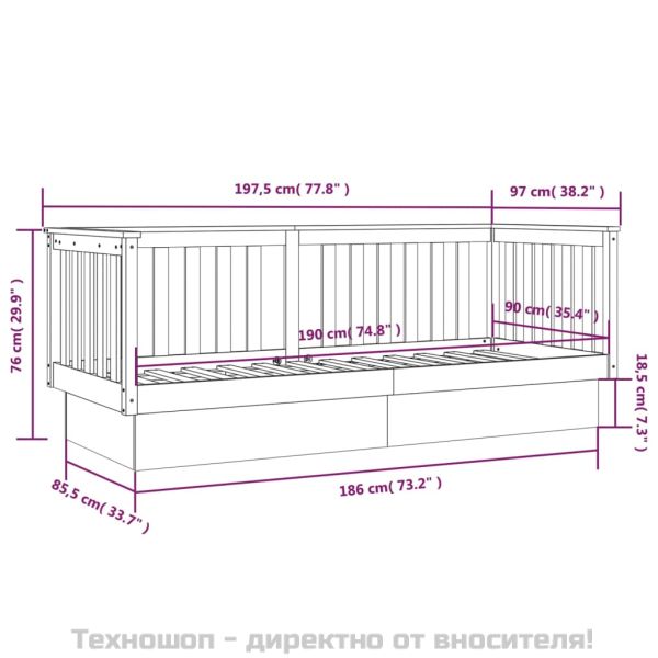 Дневно легло, черно, 90x190 см, борово дърво масив