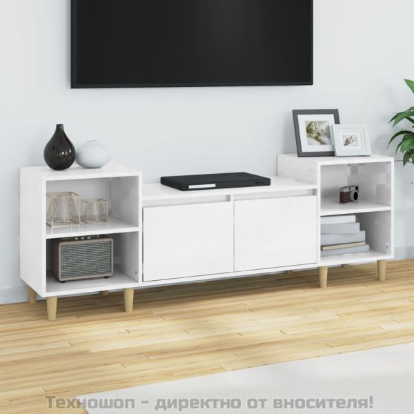 ТВ шкаф, бял гланц, 160x35x55 см, инженерно дърво