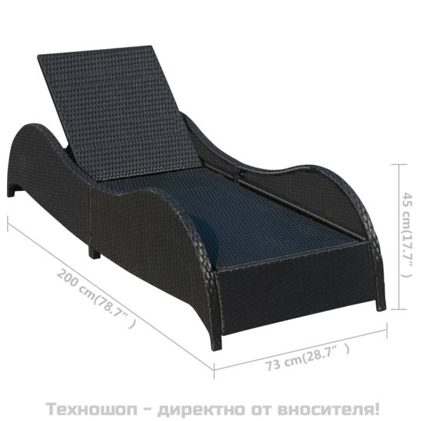 Шезлонг с шалте, полиратан, черен