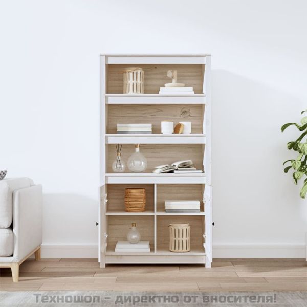 Висок шкаф, бял, 80x35x154 см, борово дърво масив